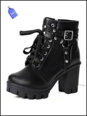 Goth Platform Heel Combat Boots Women Pearl Lace Victorian Booties
